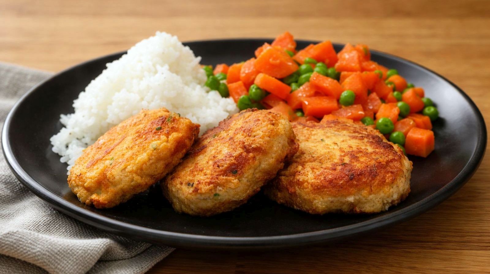 Kotlety rybne z dymką z morszczuka podane z ryżem i marchewką z groszkiem.