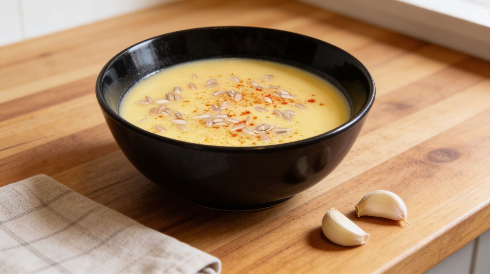 Krem ziemniaczany z pieczonym czosnkiem w czarnej misce posypany pestkami słonecznika i papryką.