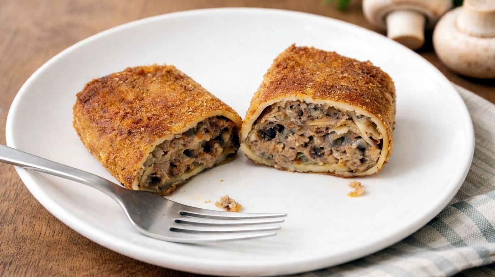 Krokiety z mięsem i pieczarkami przekrojone na pół na białym talerzu, chrupiąca panierka i widoczny farsz.