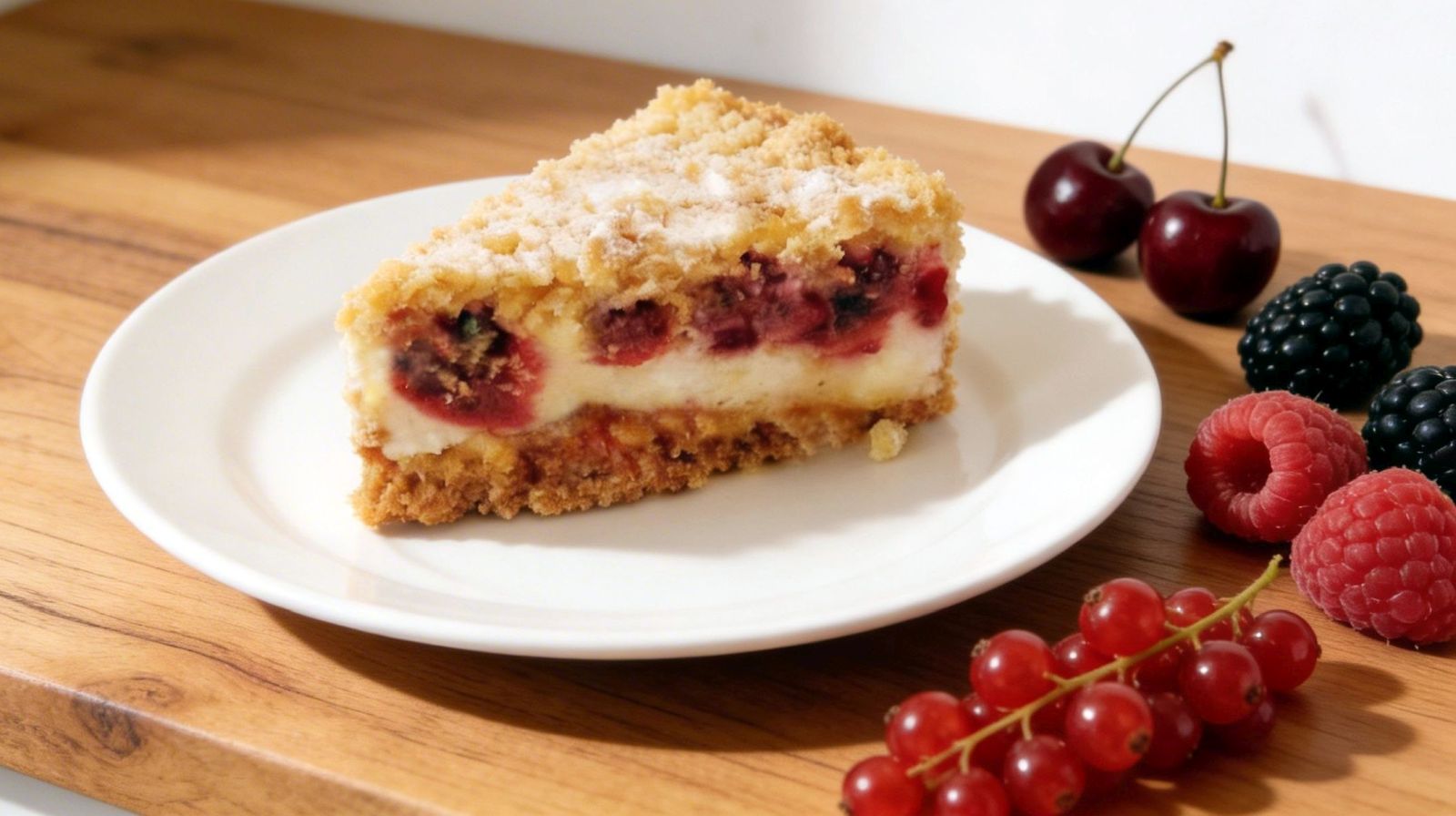 Kruche ciasto z pianką i owocami malinami i porzeczkami na talerzu przekrojony kawałek z budyniową pianką i kruszonką.