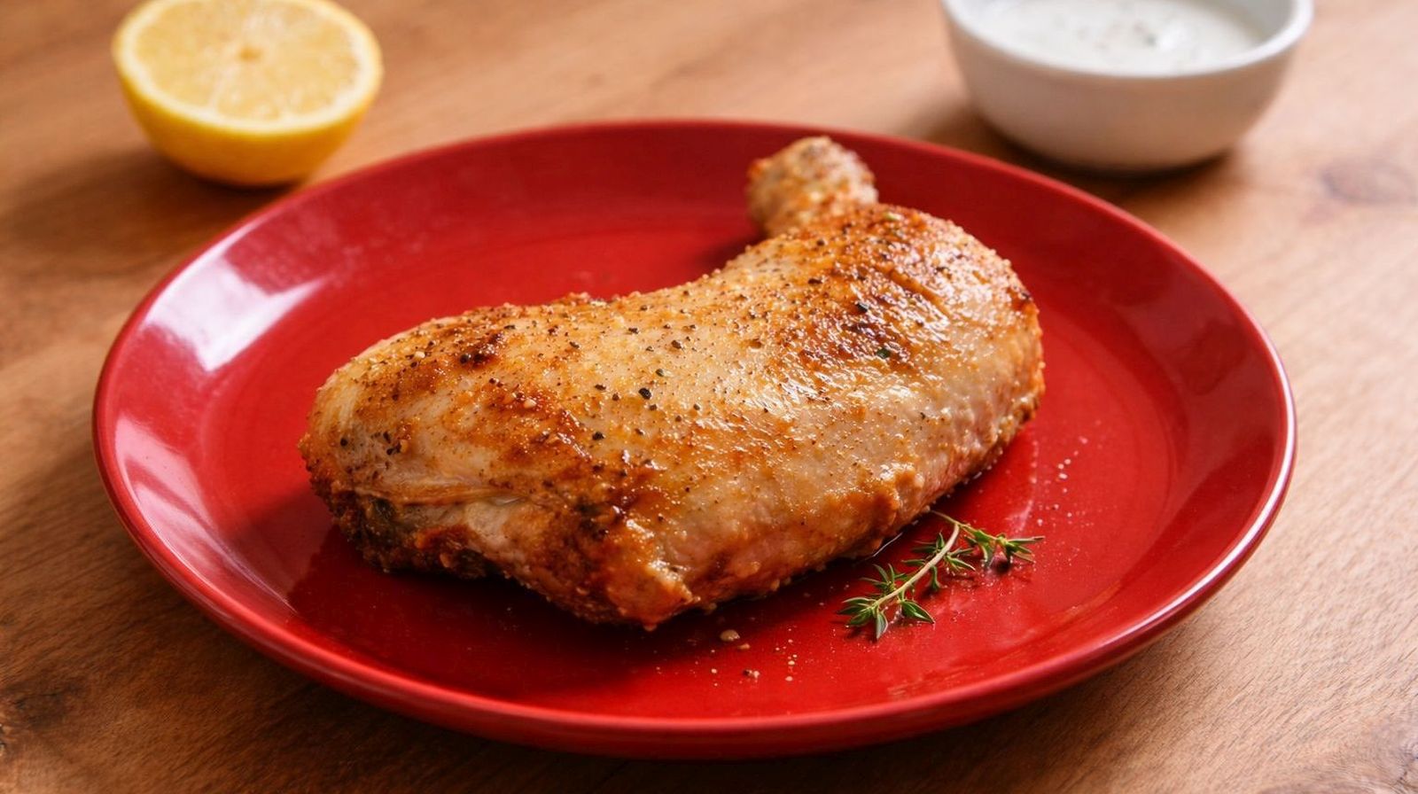 Kurczak w maślankowej marynacie pieczony w całości na czerwonym talerzu – soczyste udko z chrupiącą, złocistą skórką.