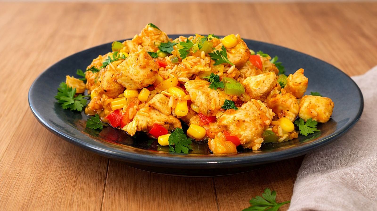 Kurczak z papryką i ryżem curry z kukurydzą i natką pietruszki na talerzu.