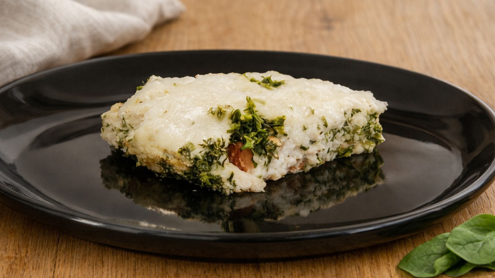 Łosoś w sosie chrzanowym zapiekany z koperkiem i szczypiorkiem w naczyniu żaroodpornym.