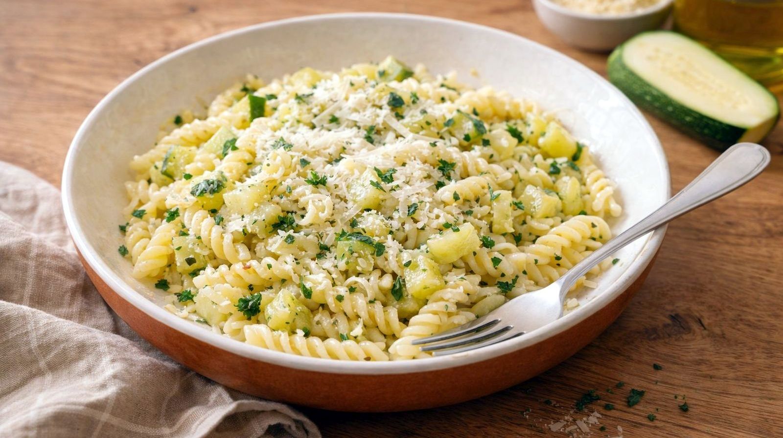 Makaron z cukinią w sosie winnym z parmezanem i natką pietruszki na talerzu.