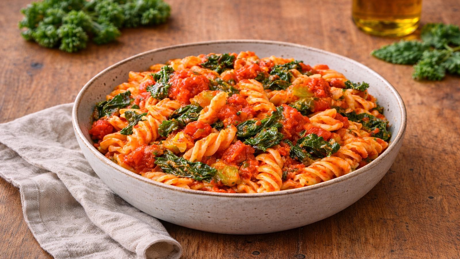 Makaron z jarmużem i pomidorami w aromatycznym sosie pomidorowym z czosnkiem i kaparami.