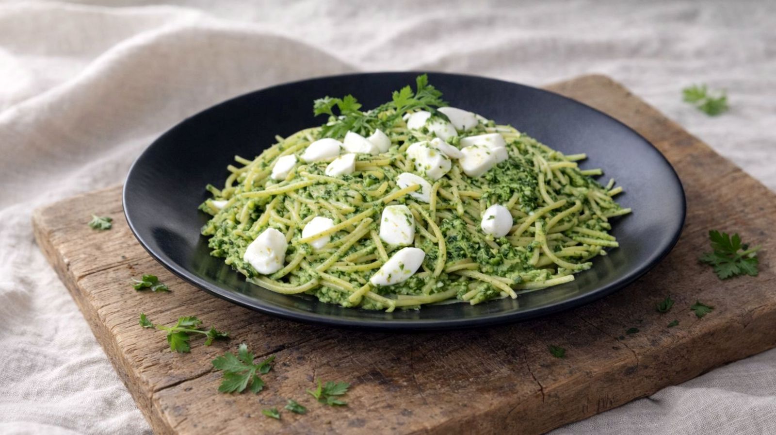 Makaron z pietruszkowym pesto i mozzarellą – spaghetti z zielonym pietruszkowym pesto i kawałkami sera na czarnym talerzu.