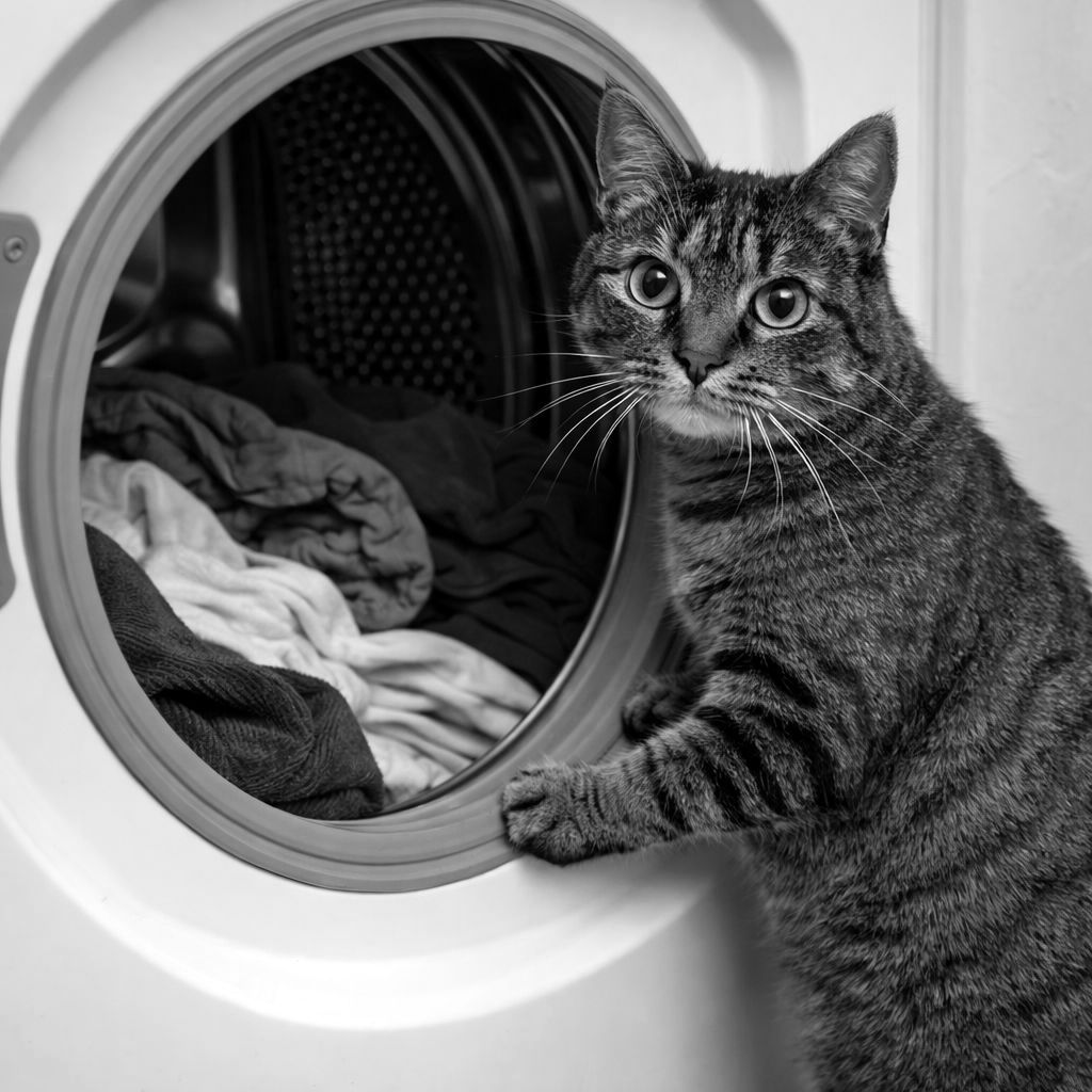 Kot zaglądający do pralki z ubraniami – minimalizm w życiu jako świadome podejmowanie decyzji i wybór między tym, co potrzebne a zbędne.