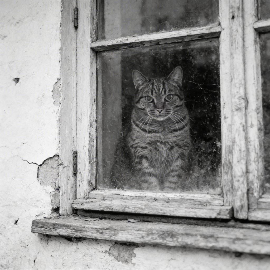 minimalizm a bieda – kot siedzący w starym oknie jako symbol granicy między wyborem a brakiem