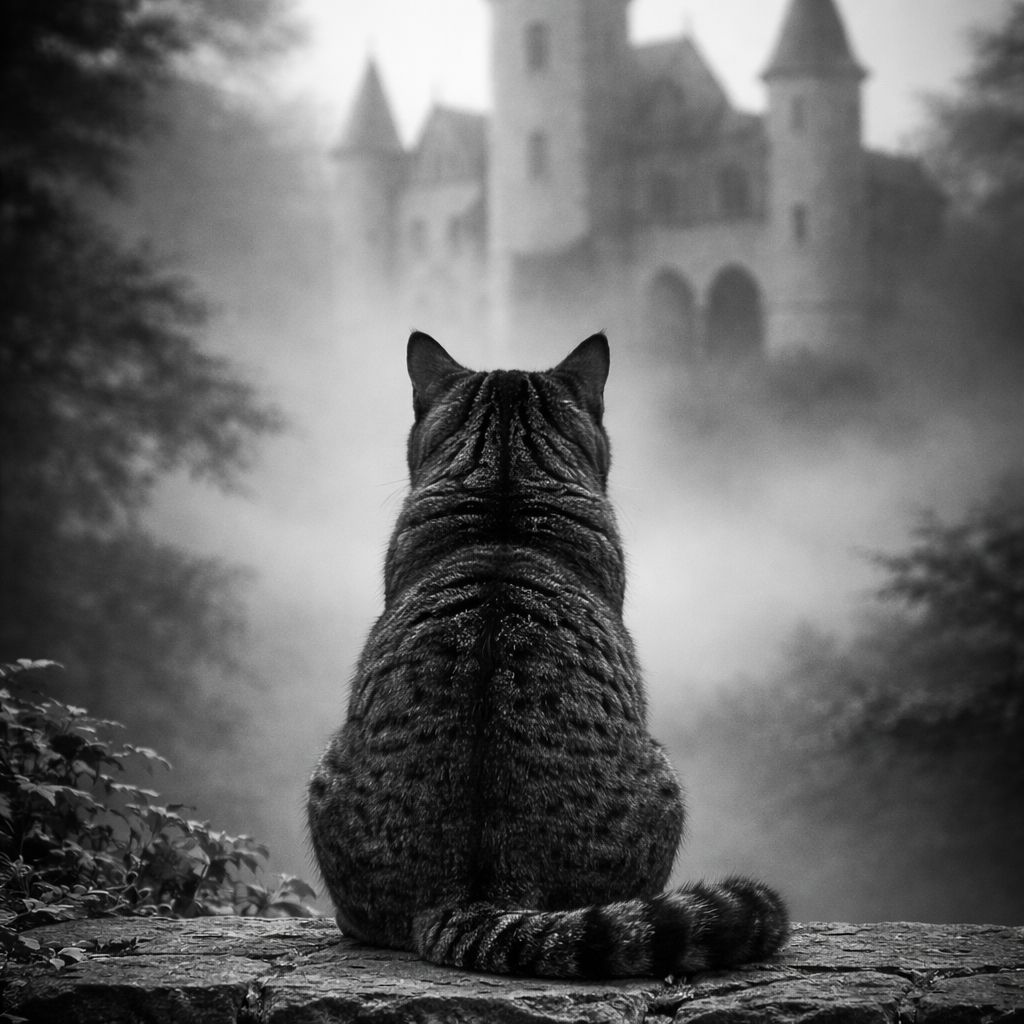 kot siedzący tyłem patrzący na zamek we mgle – mity o minimalizmie i błędne przekonania o minimalizmie