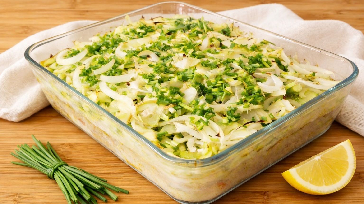 Morszczuk pod pierzynką z selera naciowego w naczyniu żaroodpornym przed podaniem.