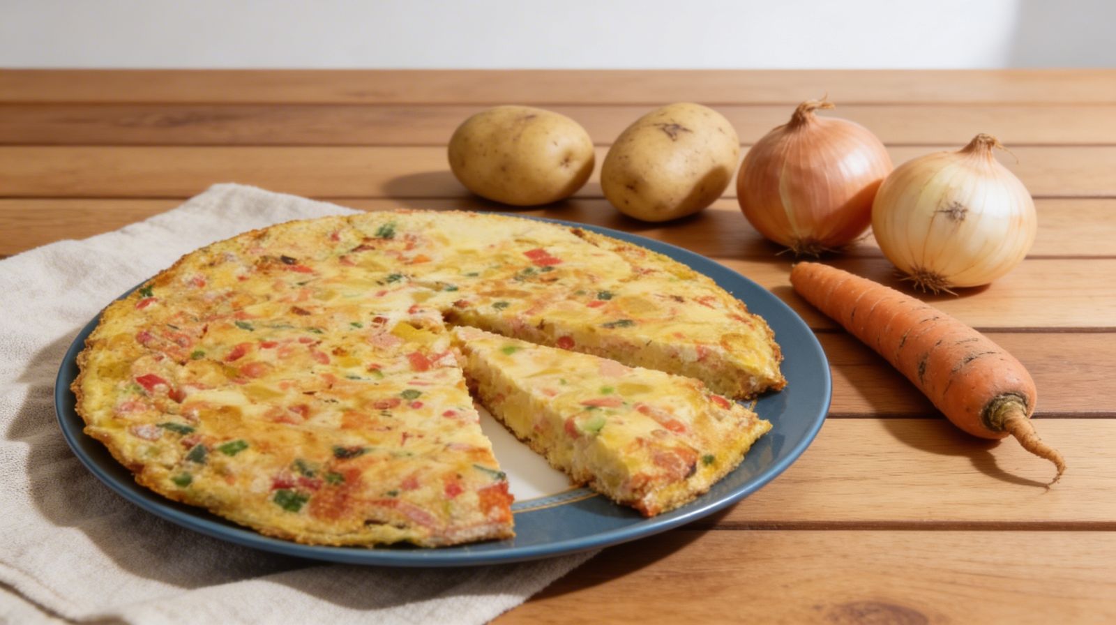 Omlet ziemniaczany z warzywami pokrojony na kawałki na talerzu, widoczne ziemniaki, papryka i cebula.