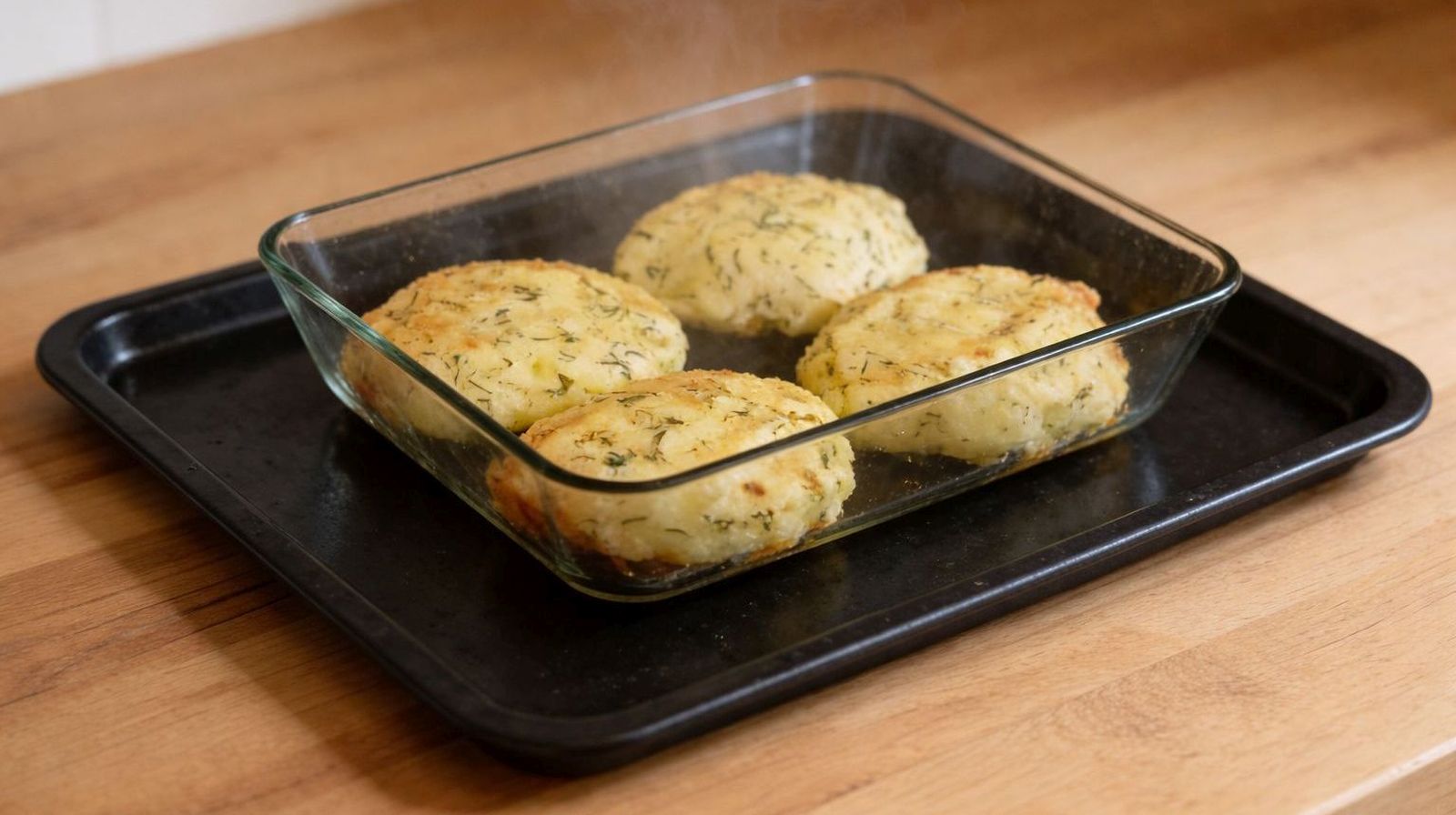 Pieczone ziemniaczane zrazy z mięsem mielonym w naczyniu żaroodpornym po wyjęciu z piekarnika.