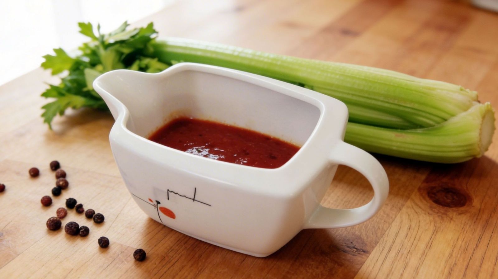 Sos wegański do kotletów warzywnych w białej sosjerce na drewnianym blacie, intensywny czerwony sos z bulionu i warzyw.