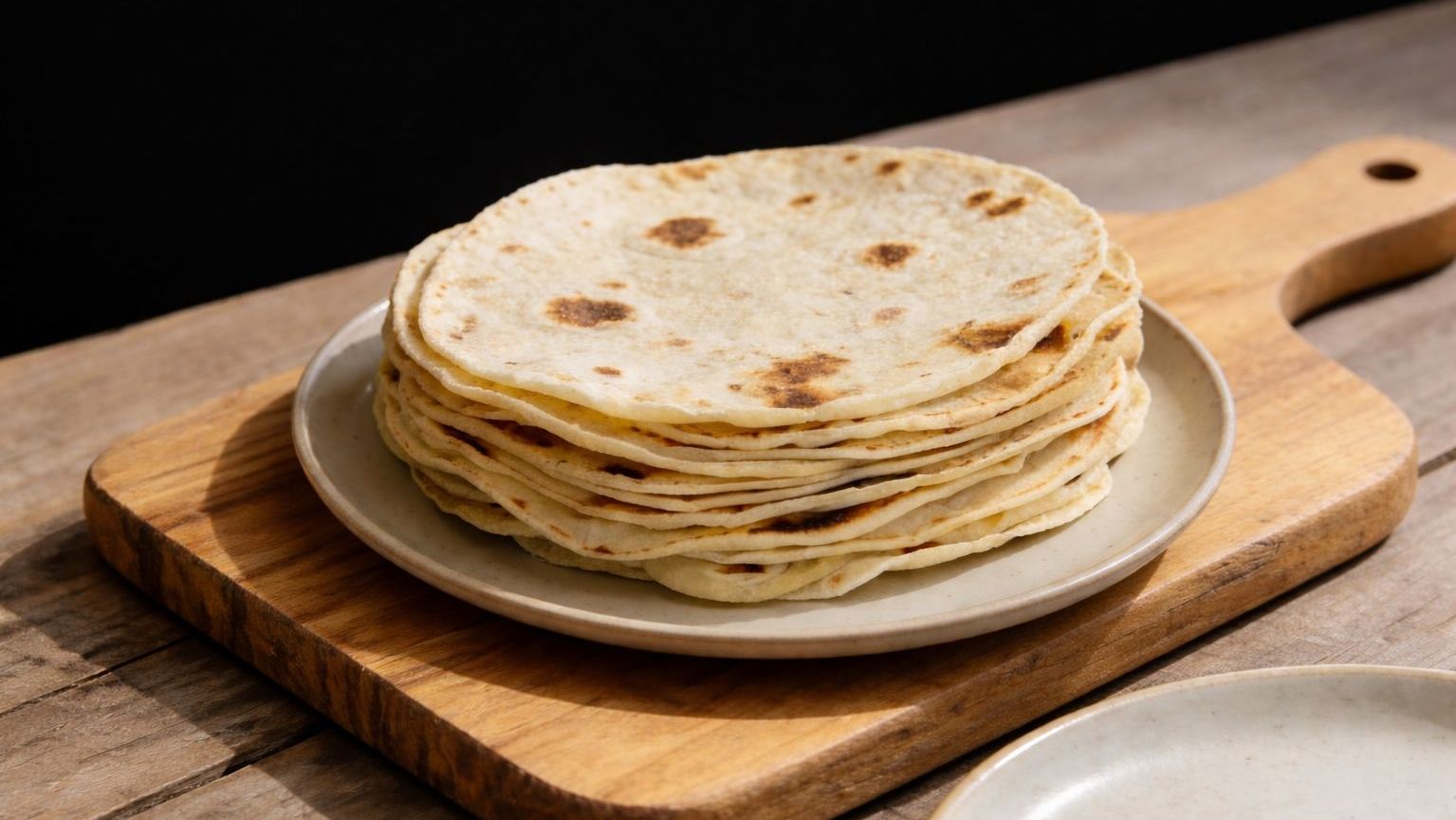 Stos domowych placków tortilli ułożonych na talerzu, na drewnianej desce.