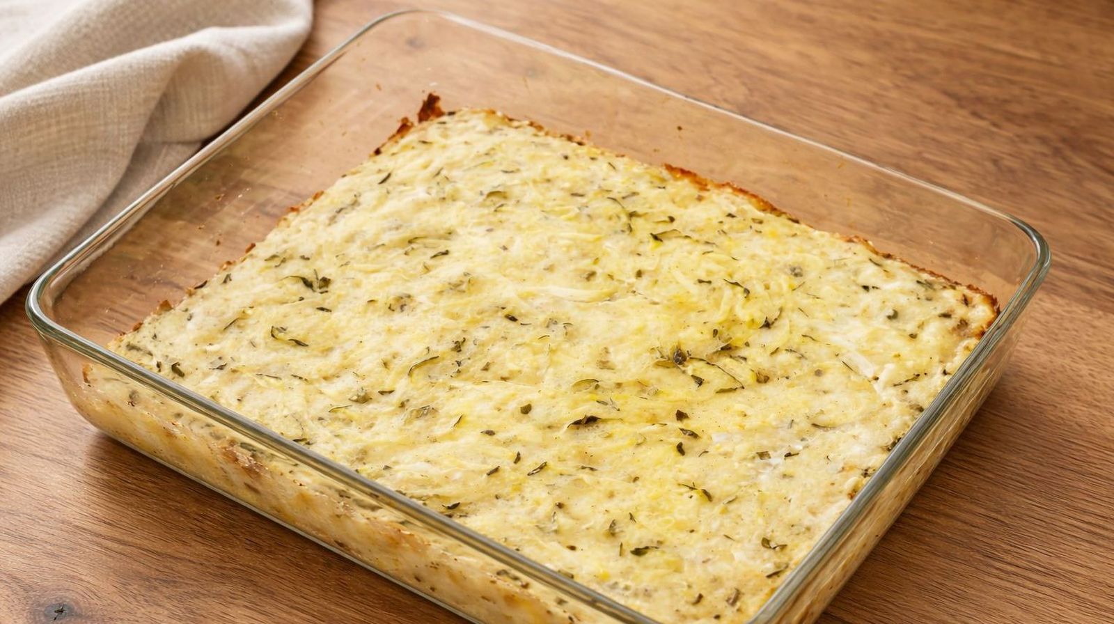 Zapiekanka z cukinii ze szczypiorkiem w naczyniu żaroodpornym, lekka zapiekanka z cukinii z serem i czosnkiem.