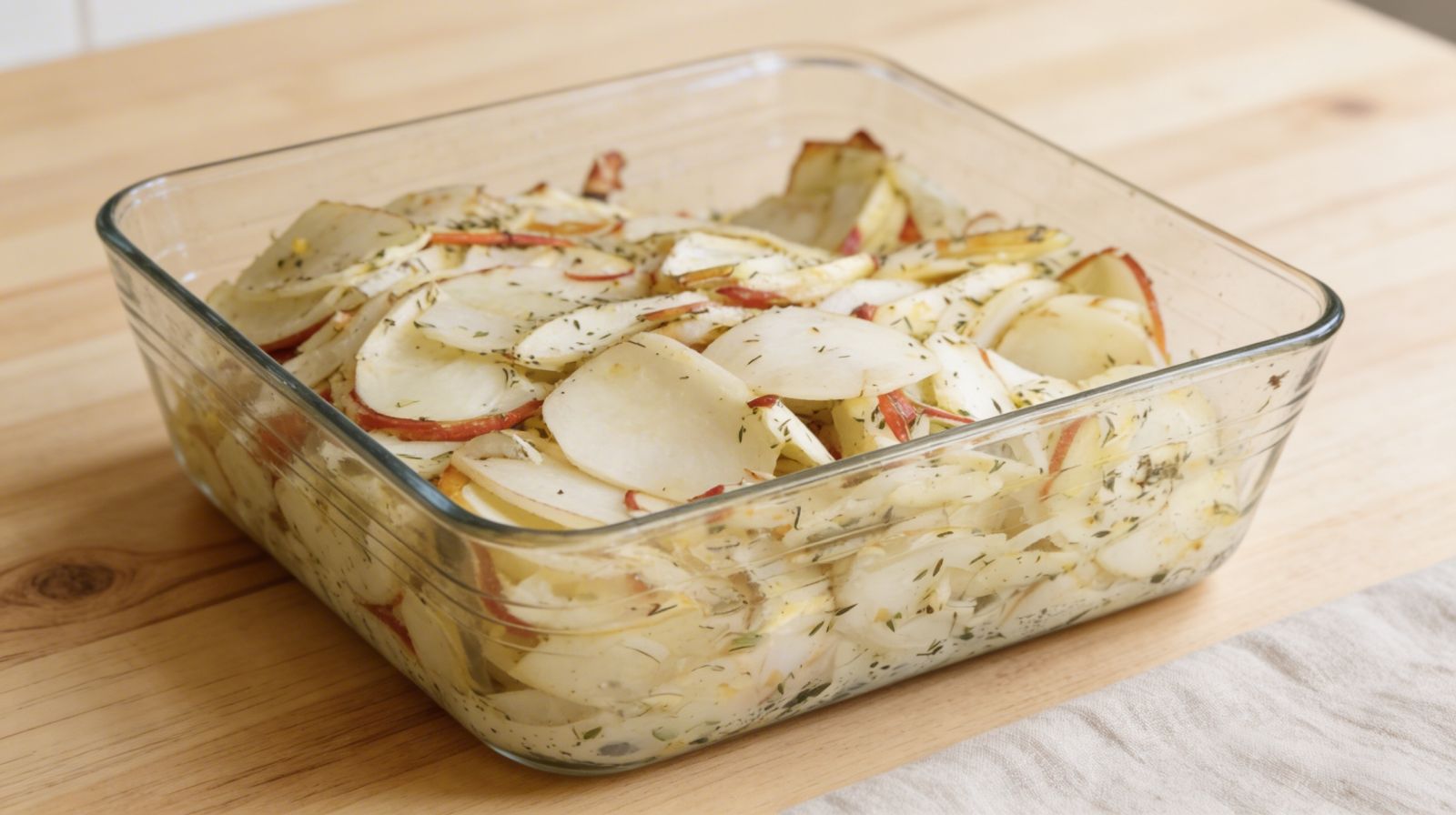 Zapiekanka ziemniaczana z jabłkami przed pieczeniem w naczyniu żaroodpornym.