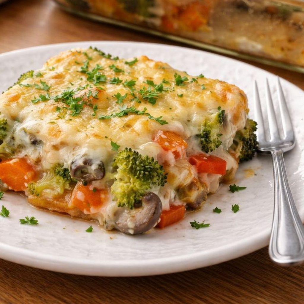Kawałek zapiekanego półmiska warzyw z beszamelem i serem na talerzu, zapiekanka warzywna z brokułem, marchewką i pieczarkami.