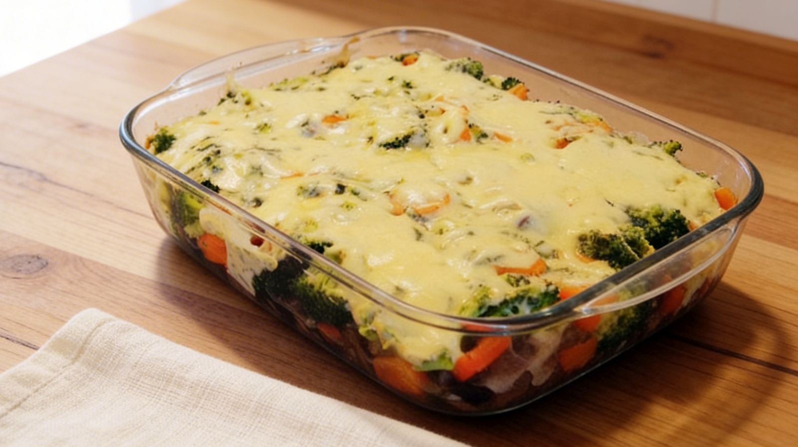 Zapiekany półmisek warzyw z beszamelem i serem w naczyniu żaroodpornym, zapiekanka warzywna z brokułem i marchewką.