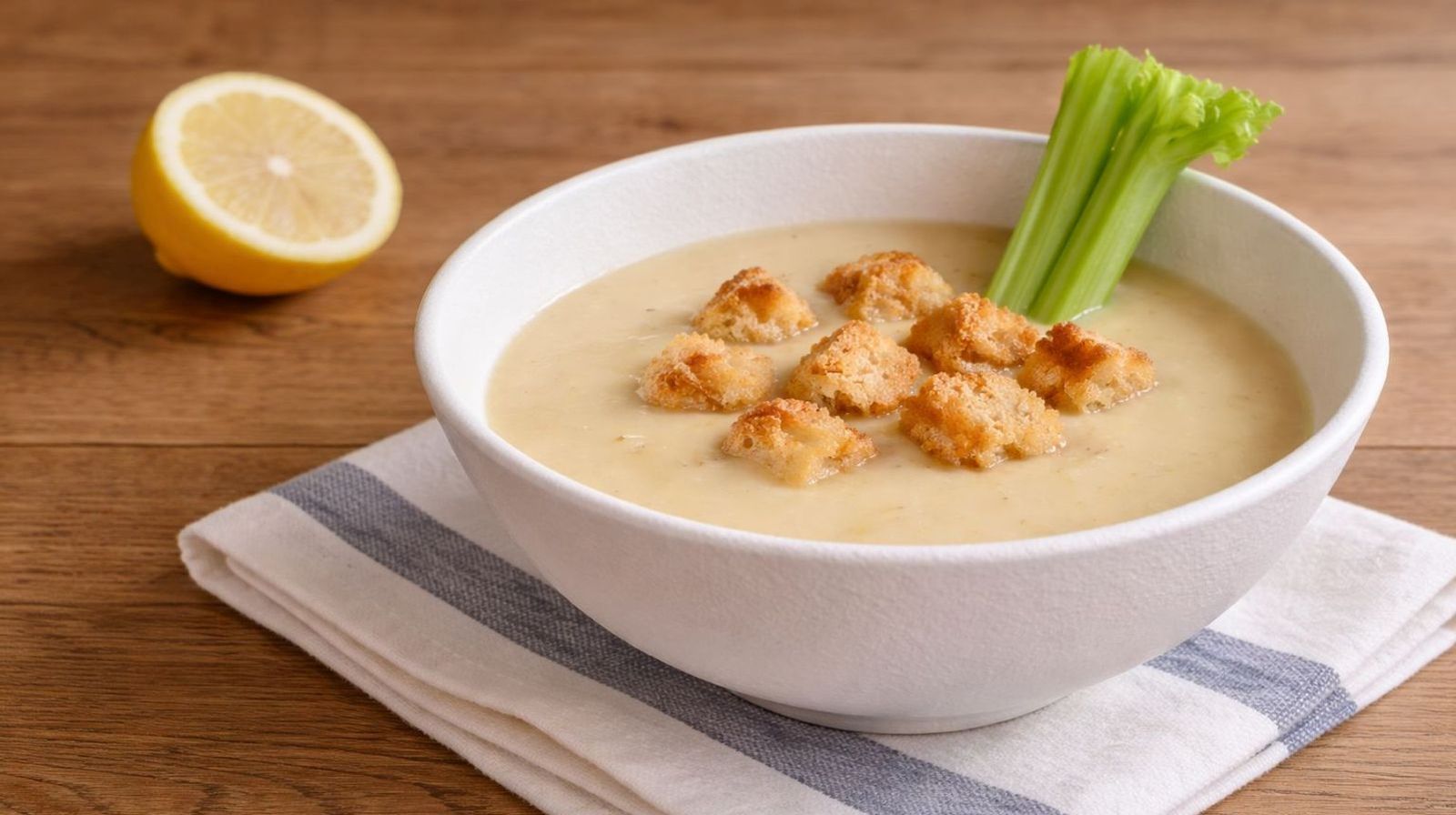 Zupa krem z selera naciowego w białej misce; połówka cytryny na drewnianym blacie.