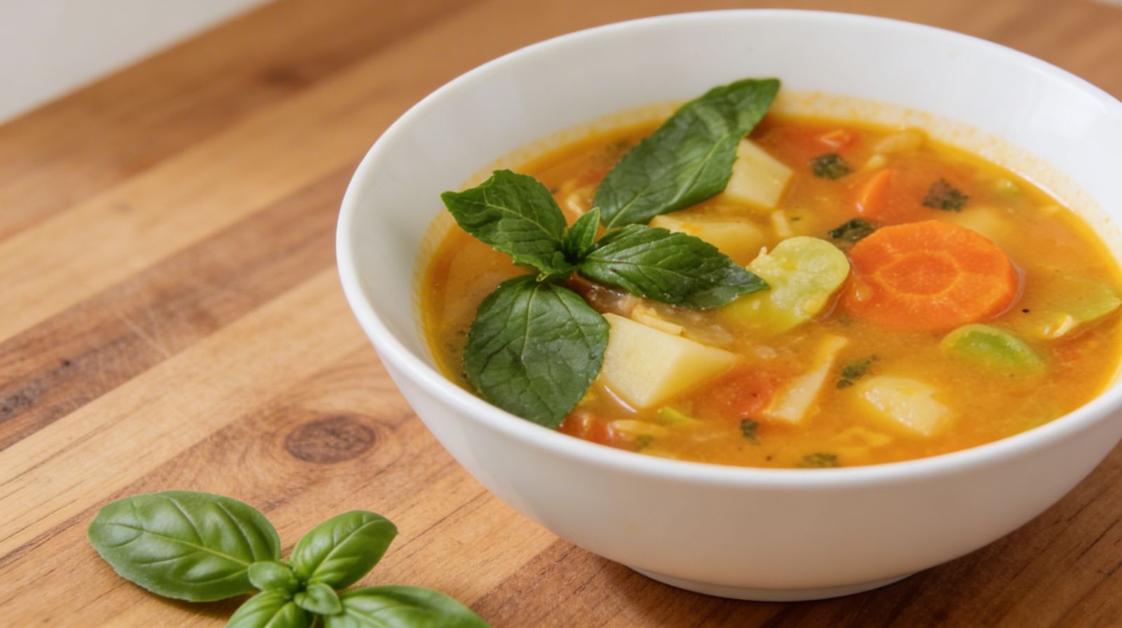 Francuska zupa jarzynowa z pistou – zupa warzywna z cukinią, marchewką i ziemniakami podana w misce.