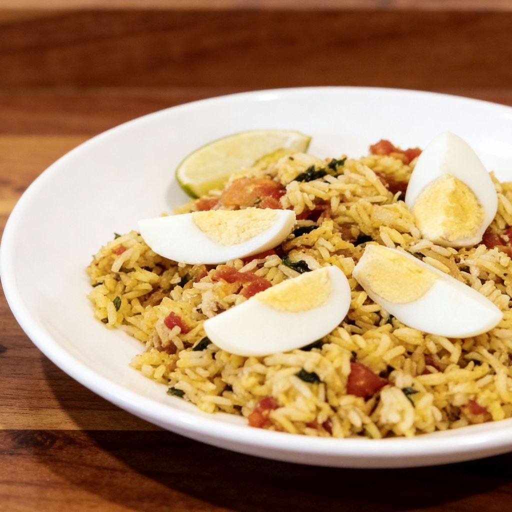 Kedgeree z ryżu basmati z wędzoną rybą i jajkiem na twardo podane z limonką.