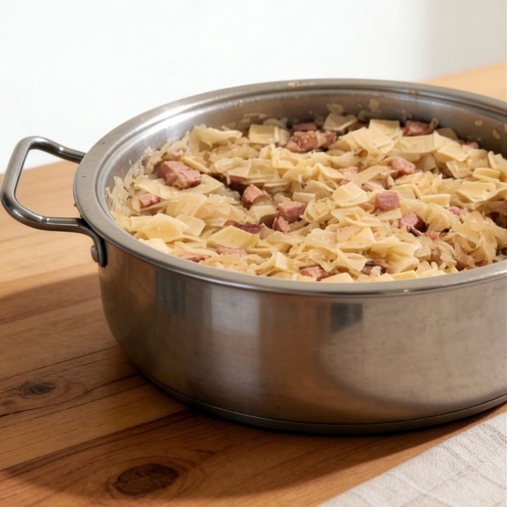 Łazanki z kapustą kiszoną, grzybami, boczkiem i kiełbasą w garnku – domowe danie kuchni polskiej.