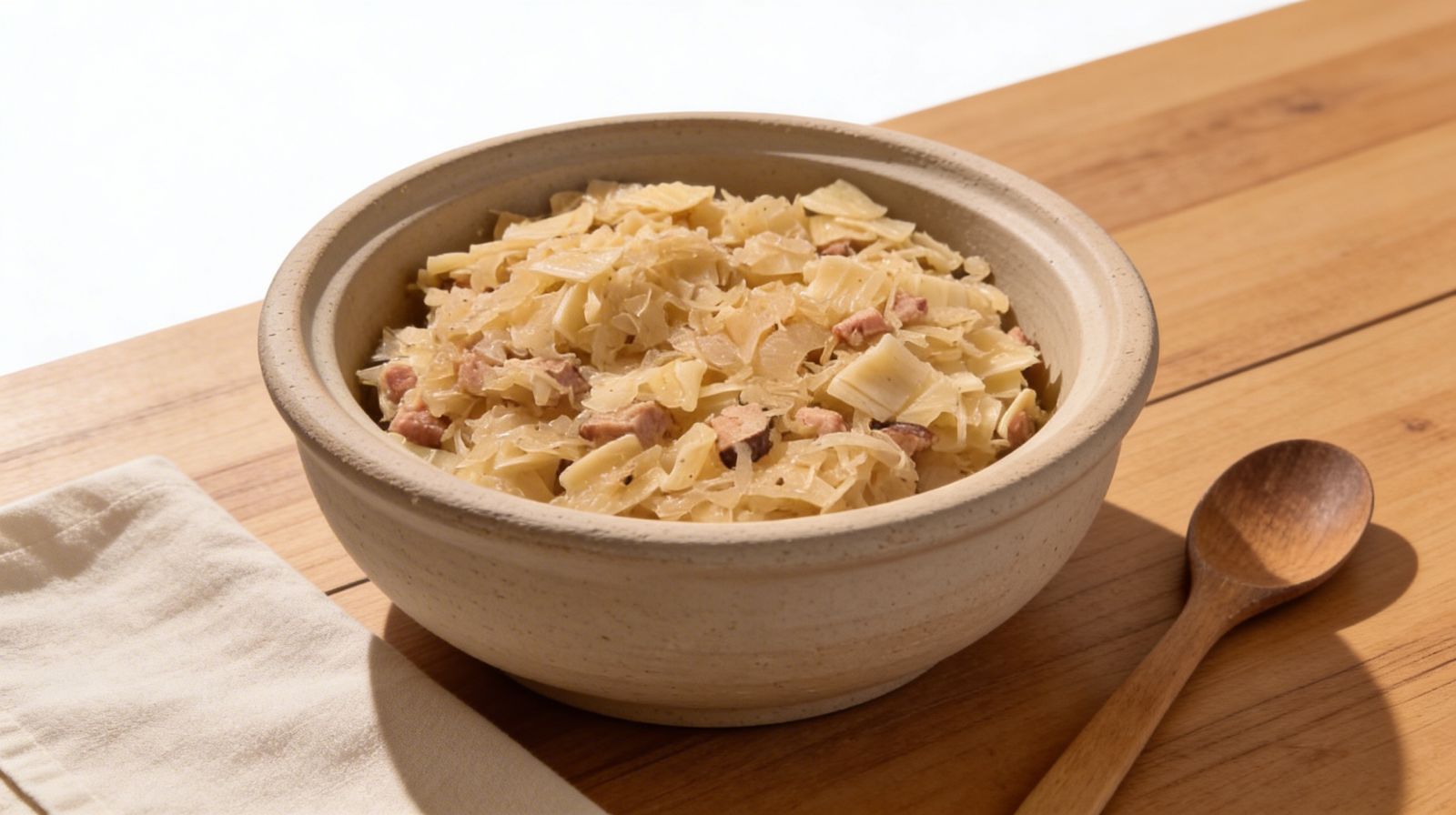 Łazanki z kapustą kiszoną, grzybami, boczkiem i kiełbasą w misce – tradycyjne danie kuchni polskiej.