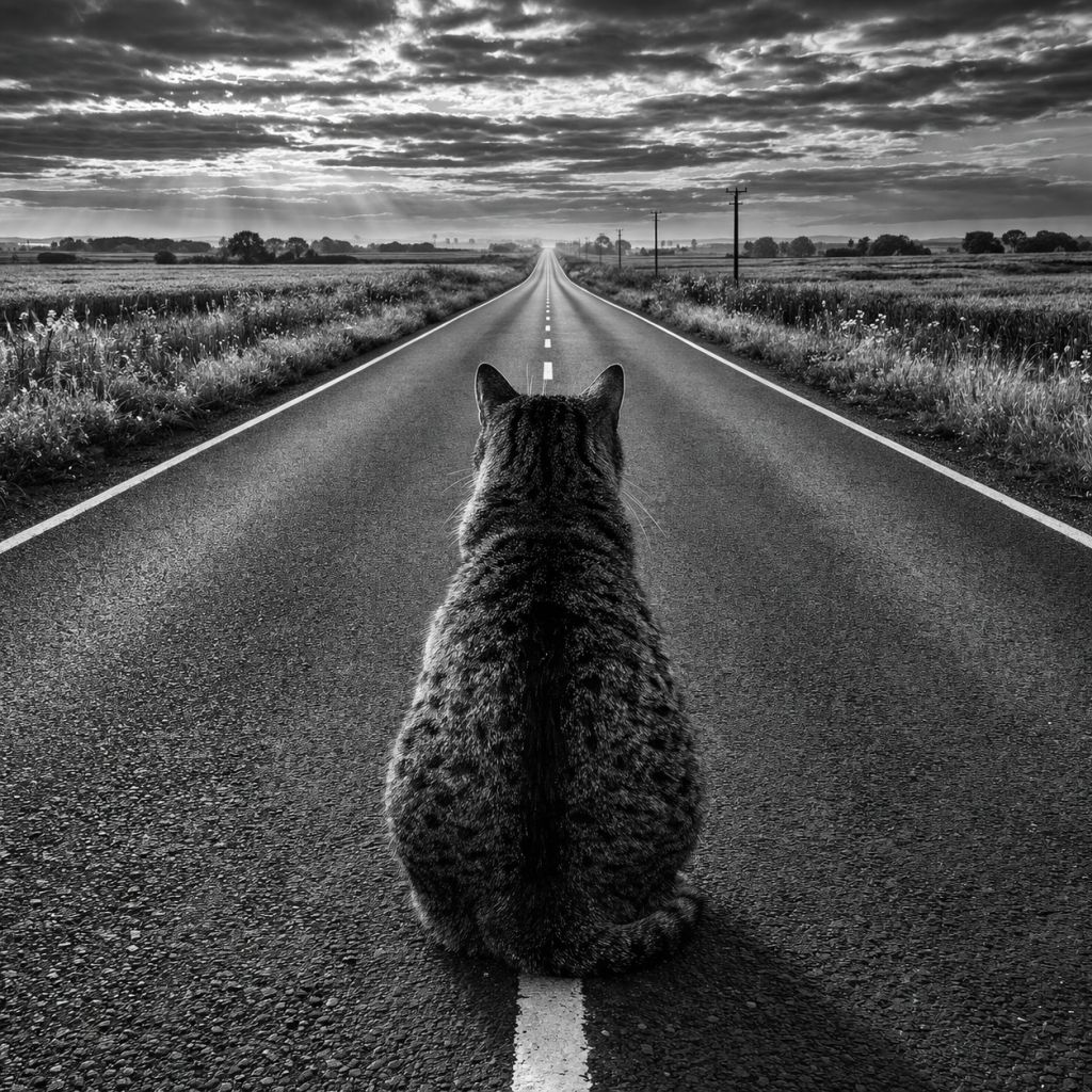 kot siedzący tyłem na drodze minimalistyczna metafora drogi do minimalizmu i zmiany życia