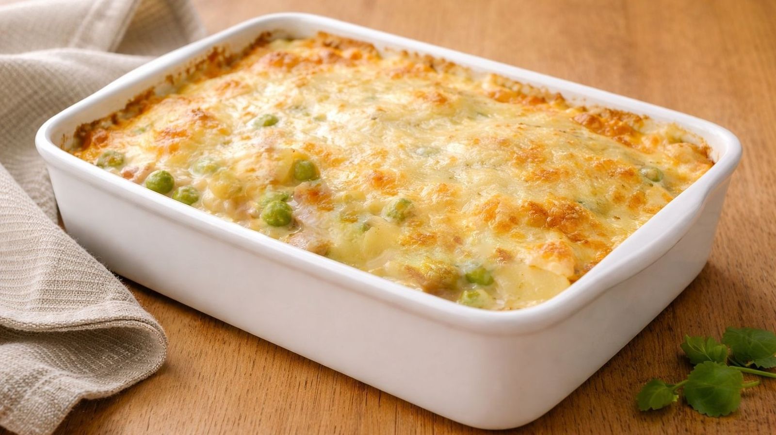 Zapiekanka ziemniaczana z beszamelem i serem grana padano w naczyniu żaroodpornym.