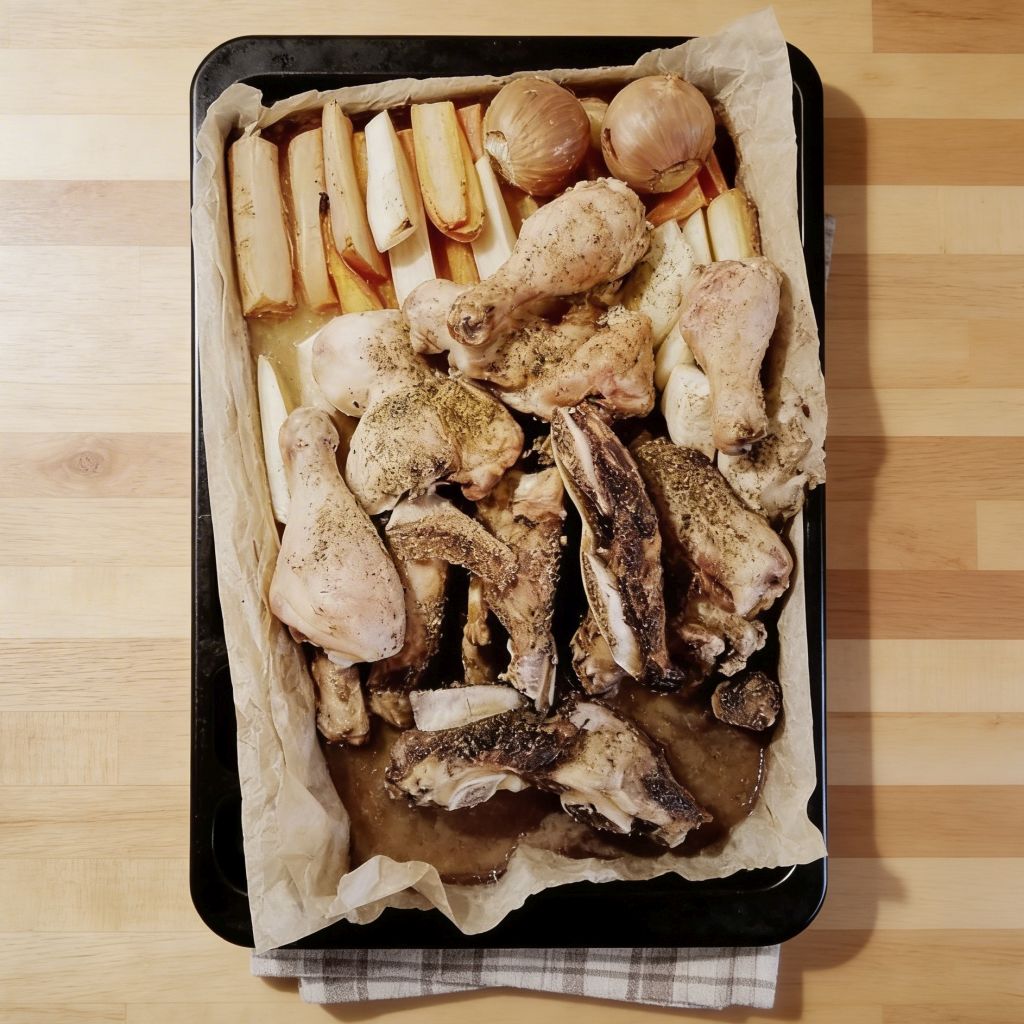 Rosół pieczony mięso i warzywa pieczone w piekarniku przed gotowaniem bulionu domowego.