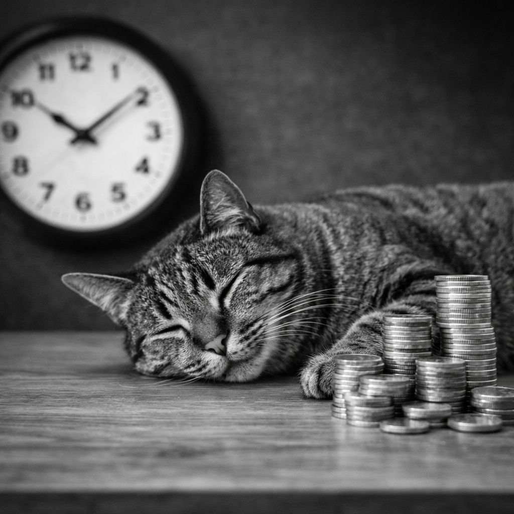 kot leżący na drewnianym blacie obok monet zegar w tle wyjście z długów zarządzanie finansami