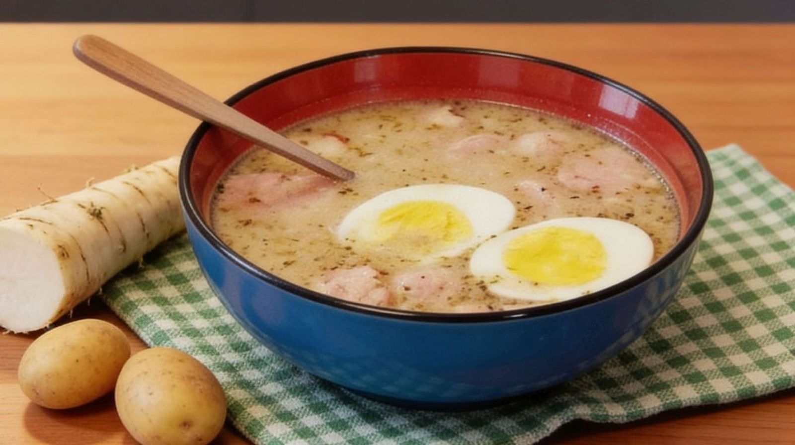 Żurek tradycyjny z białą kiełbasą i jajkiem na twardo w niebieskiej misce, podany z chrzanem i ziemniakami.