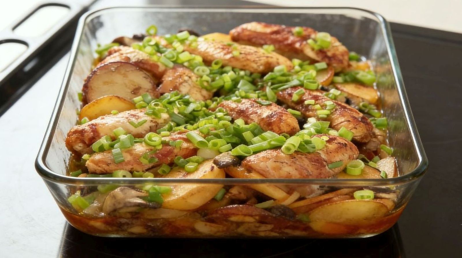 Zapiekane ziemniaki z pieczarkami i kurczakiem w szklanym naczyniu żaroodpornym, posypane świeżą cebulką dymką.