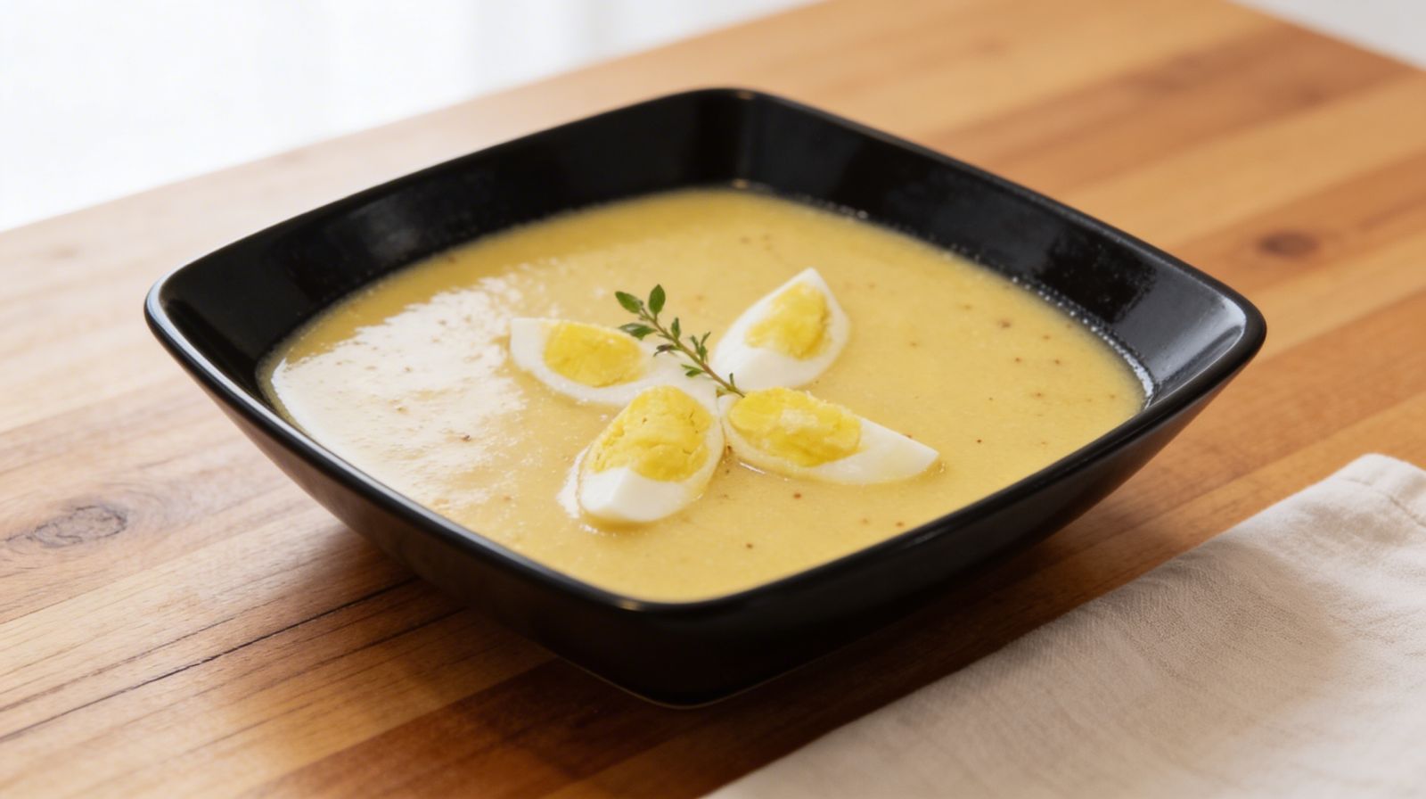 Kremowa zupa musztardowa podana z jajkiem na twardo w czarnej misce.
